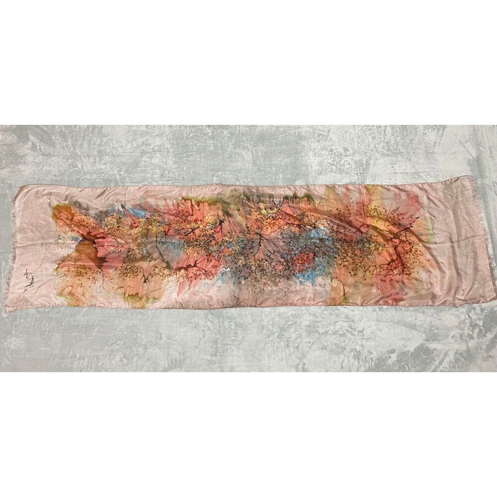 Gay Amiee Paris France 100% Silk Painted Scarf  63.5" x 17" Watercolor Fringe